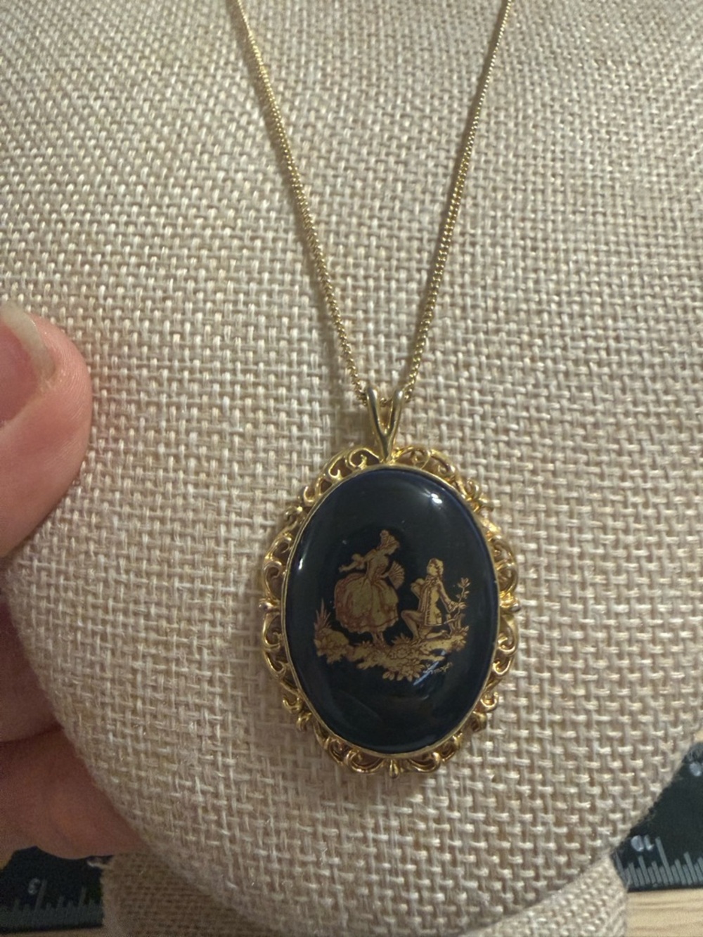 Limoges Black‎ and Gold Cameo Pendant Necklace